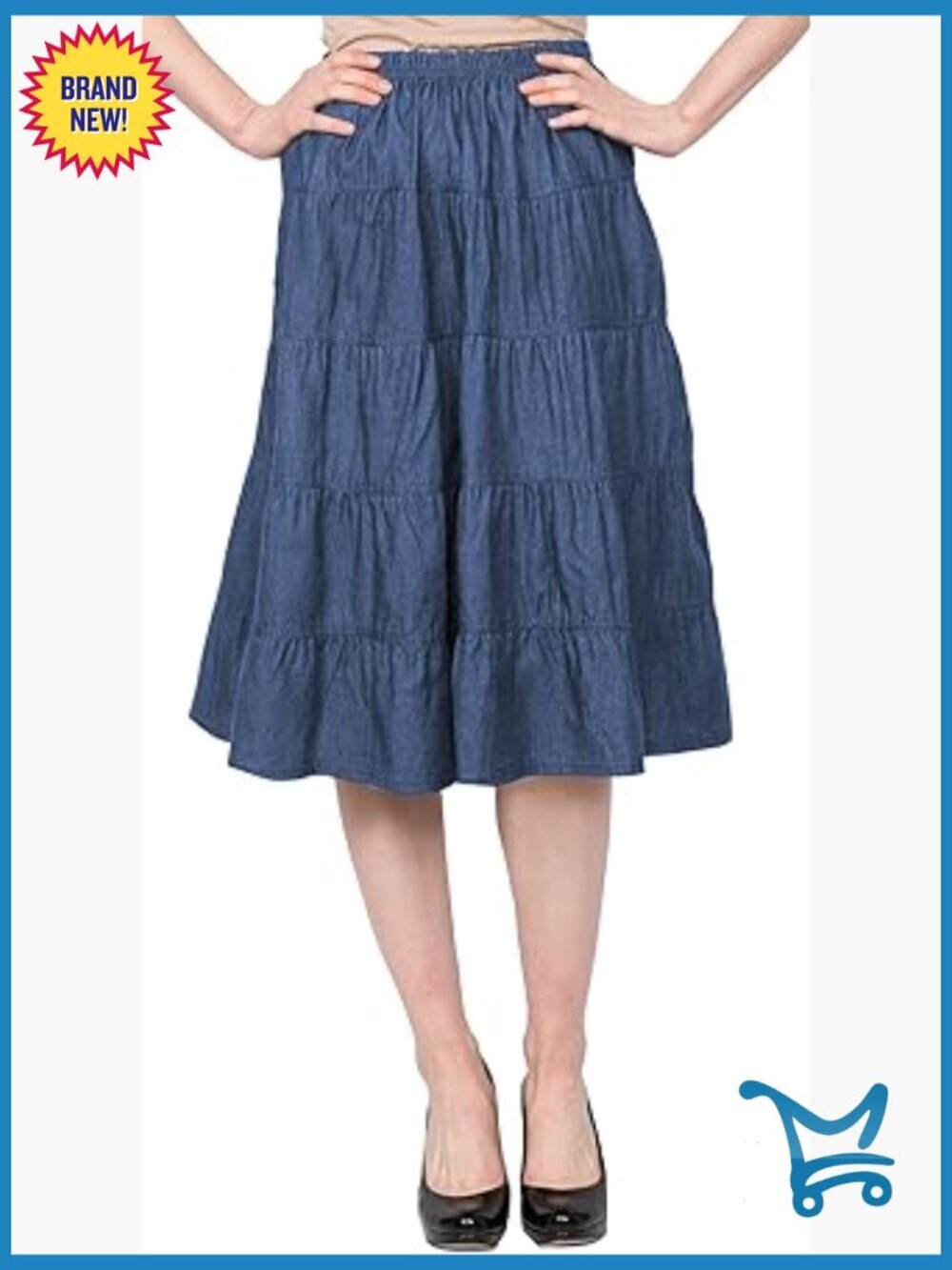 5 Tiered Denim Prairie Skirt Below Knee Elastic Waist